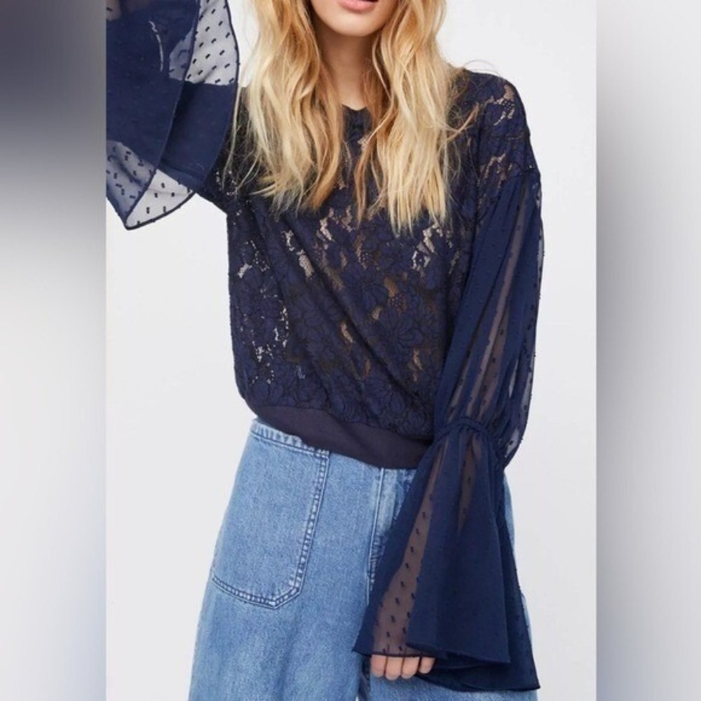 Free People Navy Something Like Love Lace Bell Sleeve Blouse Women's XS Boho NWT